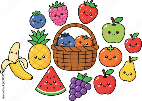 Cute kawaii fruit vector set featuring smiling characters like banana pineapple watermelon grapes strawberry apple and a wicker basket isolated on white background for kids education and playful.