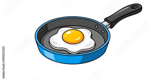 Whimsical cartoon illustration of a single perfectly fried egg with a bright yellow yolk and fluffy white sizzling in a vibrant blue frying pan with a black handle isolated