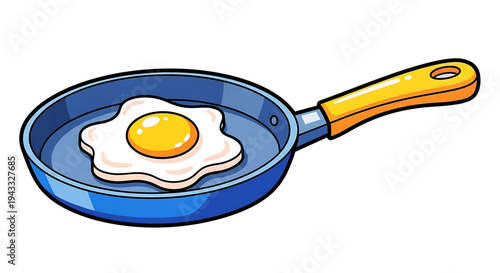 Cartoon fried egg cooking in a blue frying pan with a yellow handle isolated on a white background representing breakfast and morning meal preparation with a simple clean
