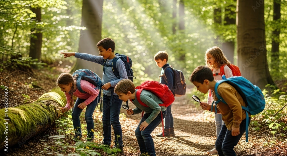Fototapeta premium Children explore mossy log in sunlit forest using magnifying glass during outdoor educational nature.