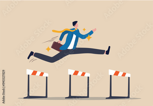 Success to win in business competition, overcome obstacles or motivation to solve problem and lead company achievement concept, confident businessman leader jump high over 3 hurdles to be winner.