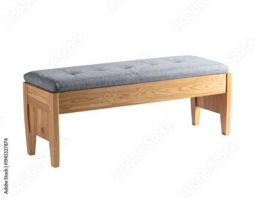 Simple wood bench with upholstered grey tufted seat
