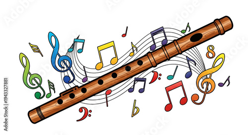 Wooden flute with colorful musical notes and treble clefs floating around it representing music creation melody and artistic expression in a vibrant joyful and whimsical artistic