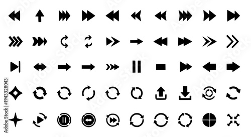 Arrows icon set with black directional symbols and media controls on white background featuring icons, navigation,