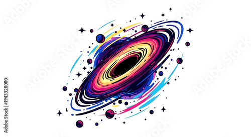 Vibrant abstract swirling galaxy with colorful nebulas stars and orbiting planets depicting cosmic wonder and the vastness of space with a white background symbolizing exploration