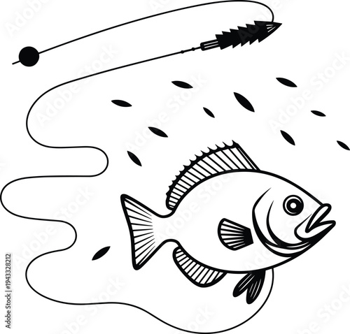 Black and white vector illustration of a fish swimming underwater near a fishing hook and line for outdoor hobby and angling