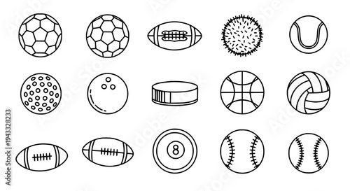Balls sports icon set with soccer, football, rugby, cricket, and baseball balls featuring tennis ball, volleyball,