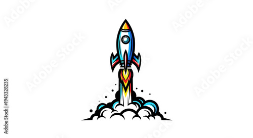 Retro style cartoon rocket ship blasting off into the sky with vibrant orange and yellow flames and white smoke plumes against a clean white background symbolizing innovation