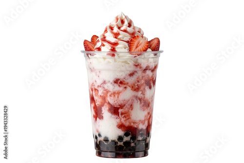 blended strawberry boba tea frappe with tapioca pearls, whipped cream and syrup isolated cutout