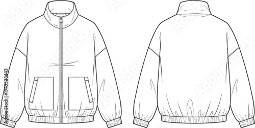 Fashion Technical Sketch of a Unisex Oversized Bomber Jacket Vector Illustration Featuring Drop Shoulders Zip Front Closure and Elasticized Ribbed Trimmings