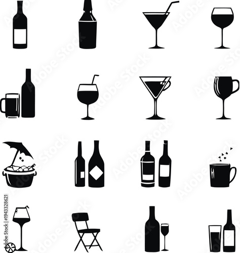 Assortment of beverage containers and glassware including bottles wine glasses martini glasses beer mugs cocktail glasses and ice bucket for drinks and hospitality