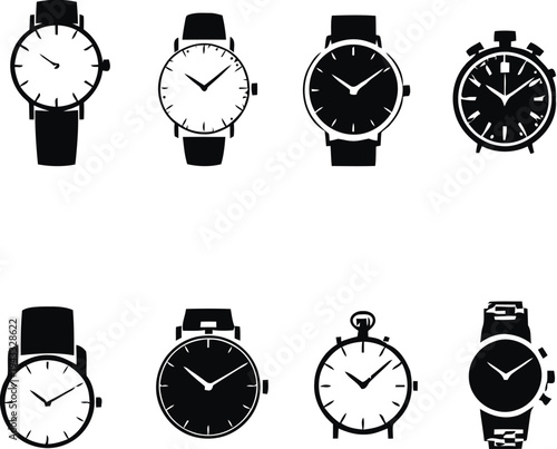 Assortment of black and white watch icons, displaying various timepiece styles from classic analog to modern chronographs, suitable for fashion and accessory design.