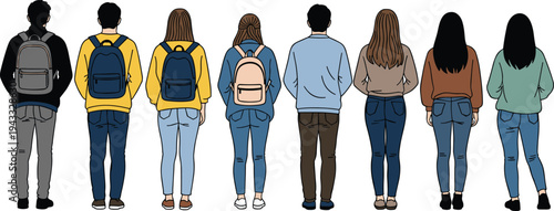 Vector illustration of a group of diverse students from back view wearing backpacks and casual clothing for education and university concepts