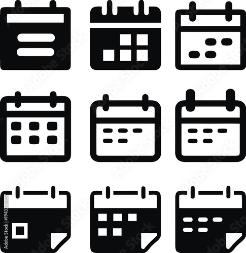 Assortment of calendar icons in various grid layouts and styles, showcasing date selection, monthly views, and event planning, perfect for scheduling, time management, and digital agenda applications