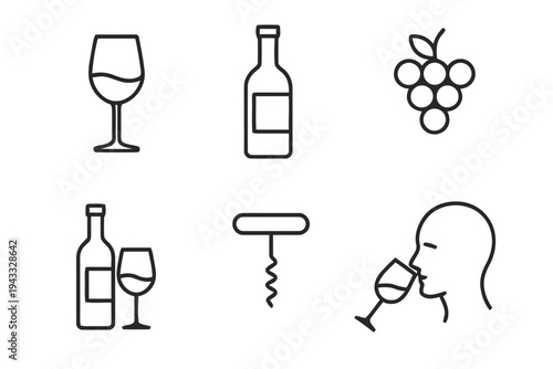 Assorted simple outline icons relevant to wine culture and enjoyment including wine glasses bottle grape bunch corkscrew person tasting vineyard and barrel for beverage related topics