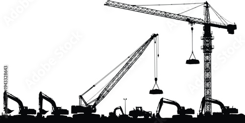 Panoramic black silhouette of heavy machinery including cranes and excavators at a construction site for industrial development and urban engineering projects