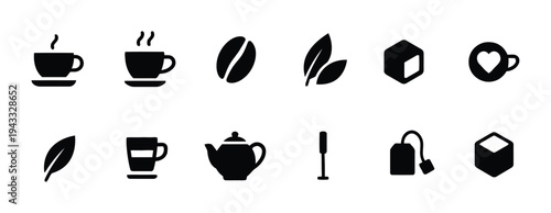 Assortment of coffee and tea related icons and symbols presented in black on a white background, including beans, leaves, cups, and teabags.