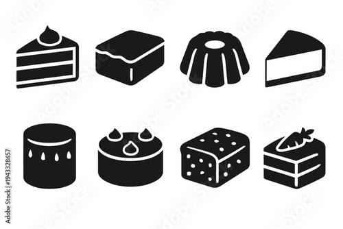 Assortment of delicious dessert icons featuring cake slices, brownies, bundt cake, layered cake, frosted cake, and fruit-topped cake for sweet treat designs