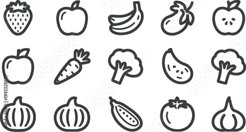 Assortment of fresh fruit and vegetable icons, including strawberry, apple, banana, eggplant, and broccoli, representing healthy food and nutrition.