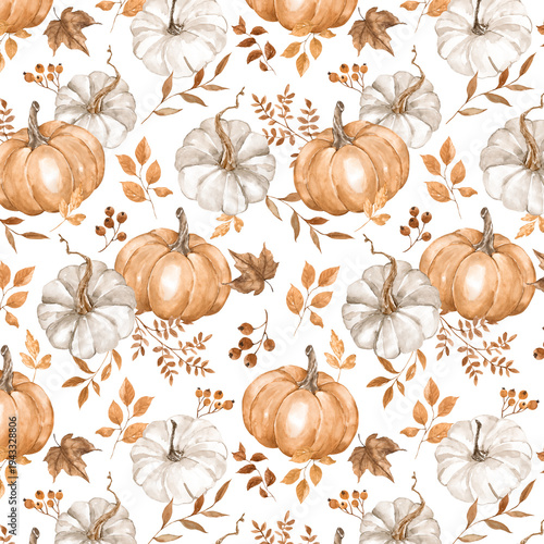 Cuadro en lienzo Seamless watercolor pumpkin pattern with autumn leaves, beige and white fall har