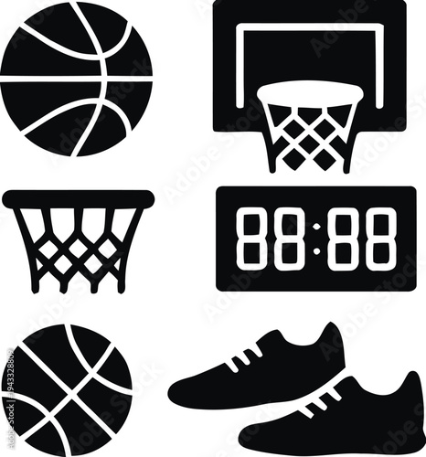 Basketball equipment and accessories set including hoop backboard net ball and sneakers for sports or recreation concept design flat icon style