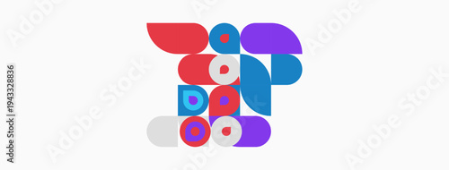 Abstract colorful shapes overlap, creating playful composition. Circles, squares, curves dominate design. Bright hues attract attention.