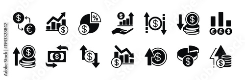 Black and white finance icons illustrating currency exchange, market trends, investment growth, financial data, and economic concepts with dollar symbols