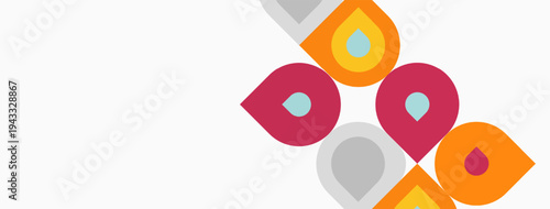 Colorful water droplets form abstract pattern. Simple design, clean lines, modern aesthetic. Minimalist composition, bright hues.