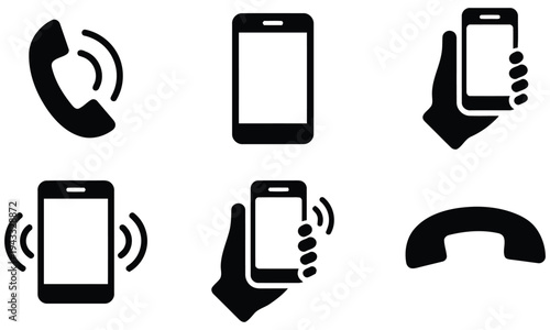 Black minimalist phone icon set showing mobile devices and classic telephone receivers and smartphones in hand and ringing phone symbols on white background for clean web interface and application