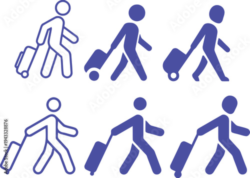 Blue line art and solid vector illustrations of people walking with wheeled luggage representing travel tourism vacation and airport transportation concepts