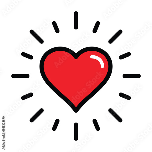 Bright red heart symbol with radiating lines signifying love and passion, a classic and universally recognized emblem of affection, perfect for romantic themes and expressions of deep emotion.