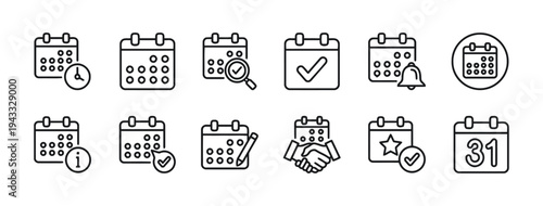 Calendar icons set in outline style with various symbols for scheduling, events, and planning. includes clock, search, checkmark, bell, information, pencil, handshake, star, and date number.