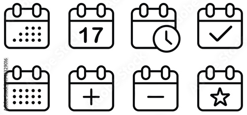 Calendar vector icon set featuring schedule and date management symbols like specific day seventeen and clock and checkmark and plus sign and minus sign and star and grid dots for planning events