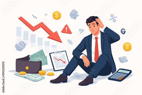 Stressed Businessman Sitting on Floor Facing Financial Crisis, Bankruptcy, and Economic Downturn with Downward Stock Market Arrow, Empty Wallet, and Calculator in Flat Vector Illustration Style