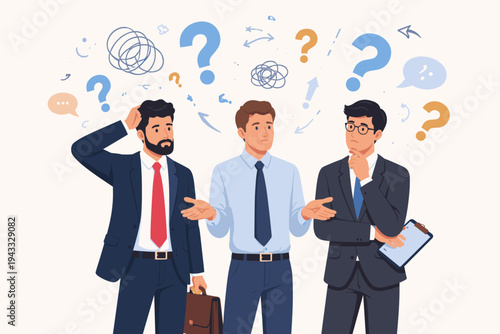 Three Professional Businessmen in Suits Feeling Confused and Doubtful with Question Marks and Scribbles, Representing Career Uncertainty, Complex Decision Making, and Problem Solving Vector Art