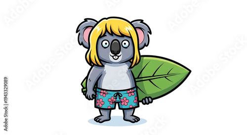 Cartoon koala character with blonde hair wearing hawaiian shorts holding a large green leaf like a surfboard standing on a white background ready for summer vacation adventures
