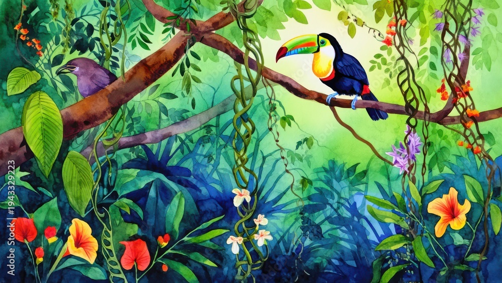 Fototapeta premium Vibrant Toucan and Bird in Lush Tropical Rainforest Watercolor