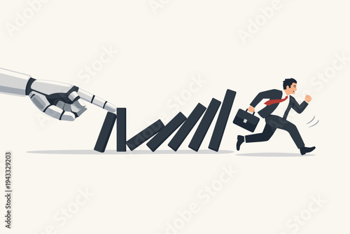 Vector Illustration of a Robot Hand Starting a Domino Effect Toward a Businessman Running Away, Representing AI Automation Impact on Jobs, Technological Disruption, and Future Employment Risks
