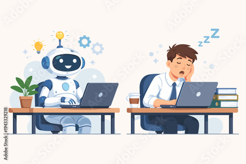 Productive AI robot working on a laptop with bright ideas versus a tired, sleepy businessman napping at his office desk, flat vector illustration of automation vs human labor in the workplace.