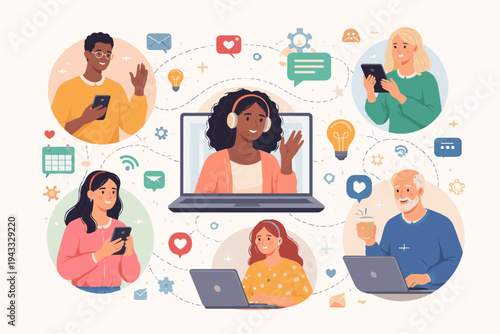 Diverse people connected online via modern technology. Flat vector illustration of multicultural men and women using laptops and smartphones for virtual communication, remote work, and networking.