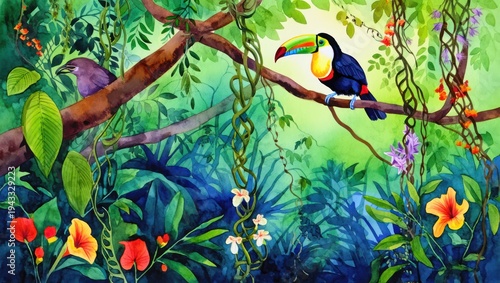 Vibrant Toucan and Bird in Lush Tropical Rainforest Watercolor