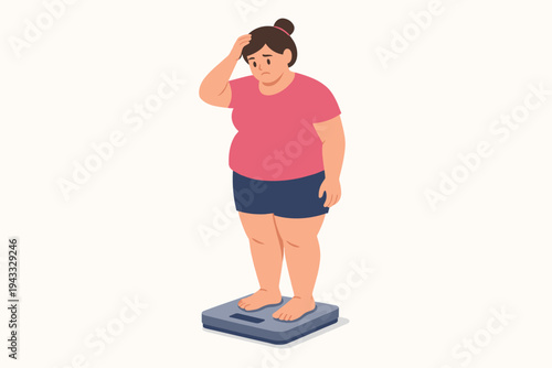 Vector illustration of an obese woman standing on a weighing scale looking sad and worried about her weight gain. Flat design of a plus-size female character checking body mass index and health.