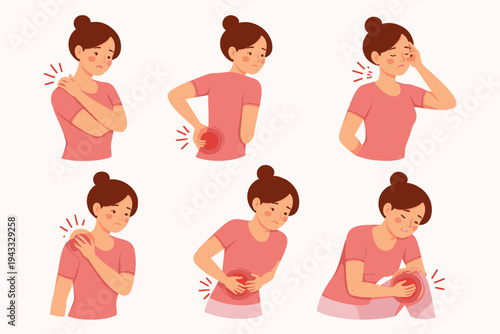 Set of Flat Vector Illustrations of a Young Woman Suffering from Different Body Pains like Backache, Headache, Stomach Pain, Knee Injury, Shoulder Ache, and Neck Tension for Health Concepts.