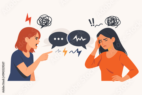 Two Women Having a Difficult Communication and Heated Argument with Angry Expressions and Speech Bubbles. Flat Vector Illustration of Relationship Conflict, Stress, and Verbal Abuse Concept.