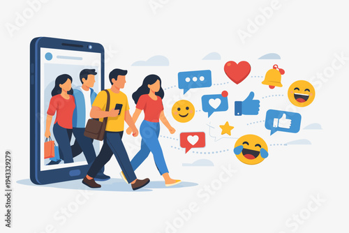 Group of Customers Walking Out of a Smartphone Screen Representing Social Media Marketing, User Engagement, and Online to Offline Business Strategy with Floating Like, Heart, and Emoji Icons