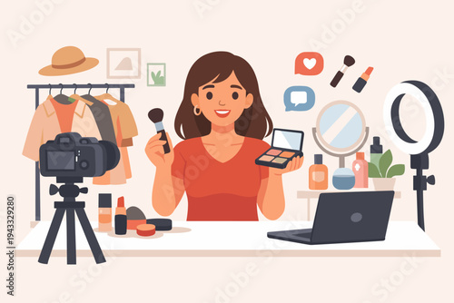 Young female beauty influencer recording a makeup tutorial vlog for social media. Content creator holding a brush and palette in front of a professional camera, ring light, and laptop setup.