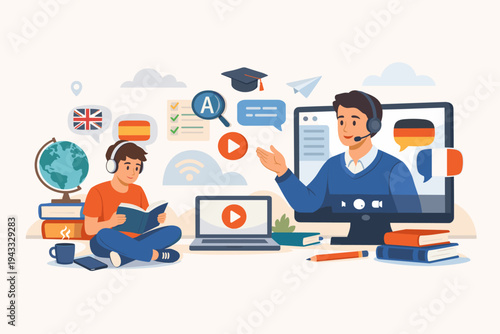 Vector illustration of online language learning concept with student reading book and using internet for remote education with teacher coach on computer screen, e-learning platform for languages.