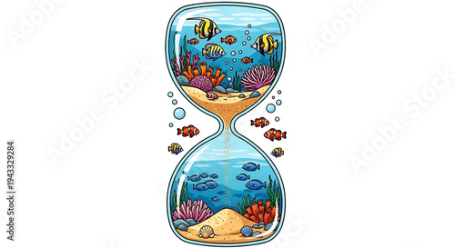 Hourglass marine ecosystem with colorful coral reefs tropical fish and sandy seabed symbolizing the passage of time and ocean conservation awareness in a vibrant underwater scene