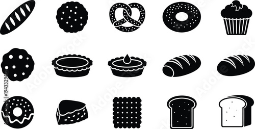 Bakery food icons set with bread cake pastry wheat dessert symbols