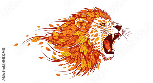 Majestic lion head roaring with autumn leaves as mane symbolizing power strength and the fierce spirit of nature dynamic illustration on white background